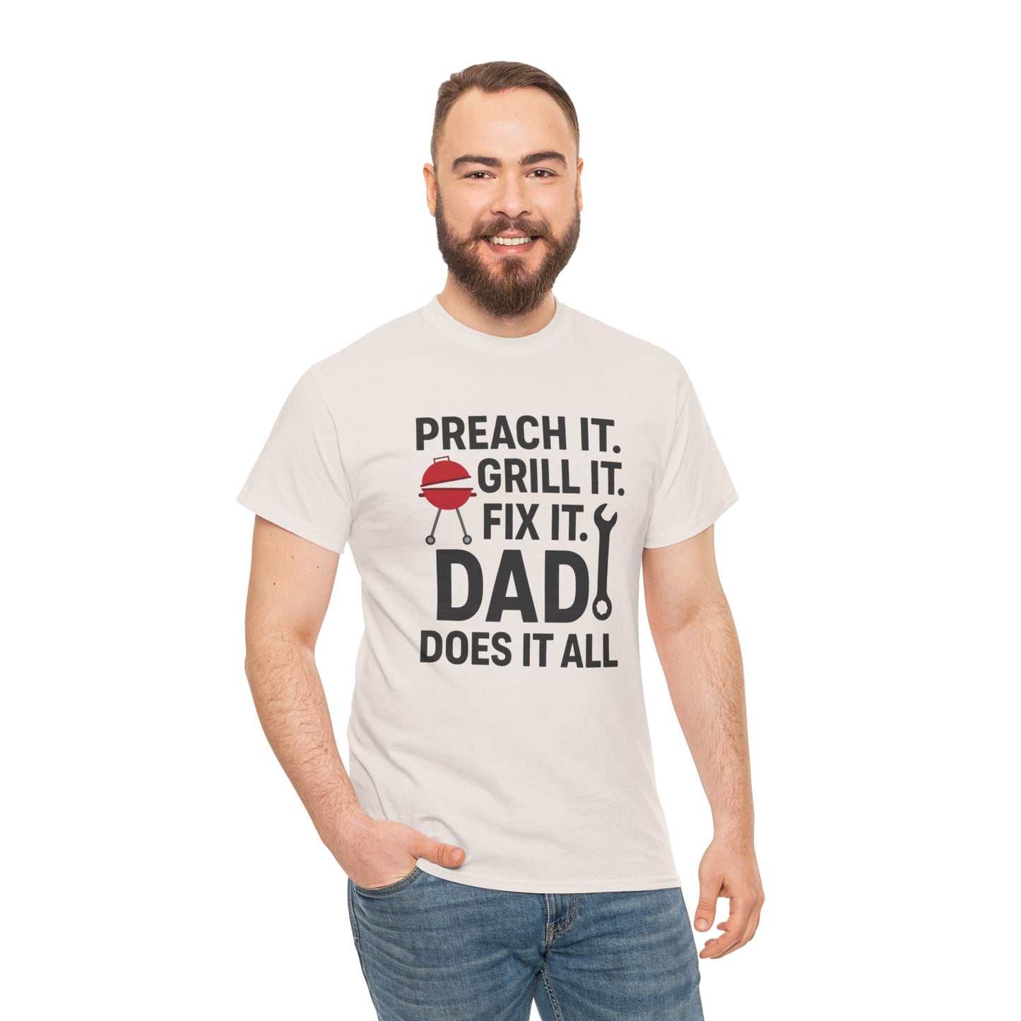 Funny Faith-Based Dad Shirt – ‘Dad Does It All’ Tee