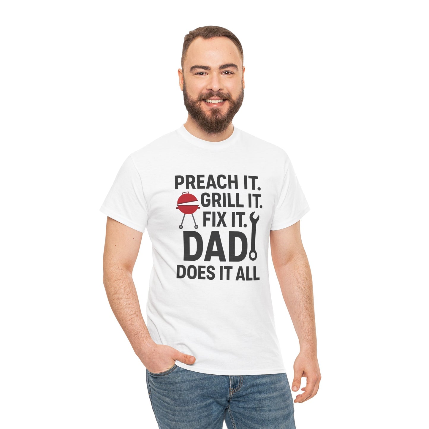 Funny Faith-Based Dad Shirt – ‘Dad Does It All’ Tee