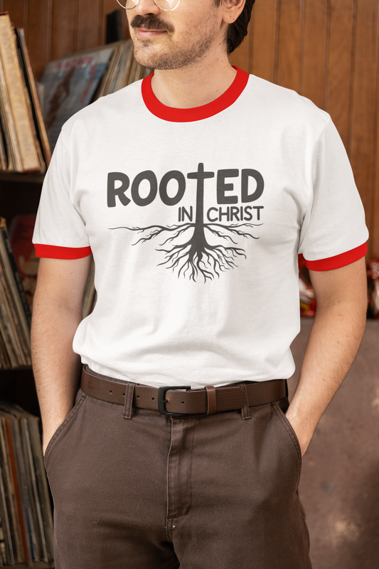 Rooted in Christ Ringer Tee - Men's Faith-Based T-Shirt