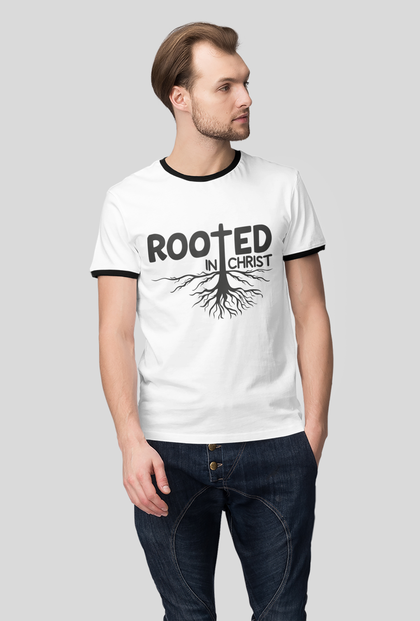 Rooted in Christ Ringer Tee - Men's Faith-Based T-Shirt