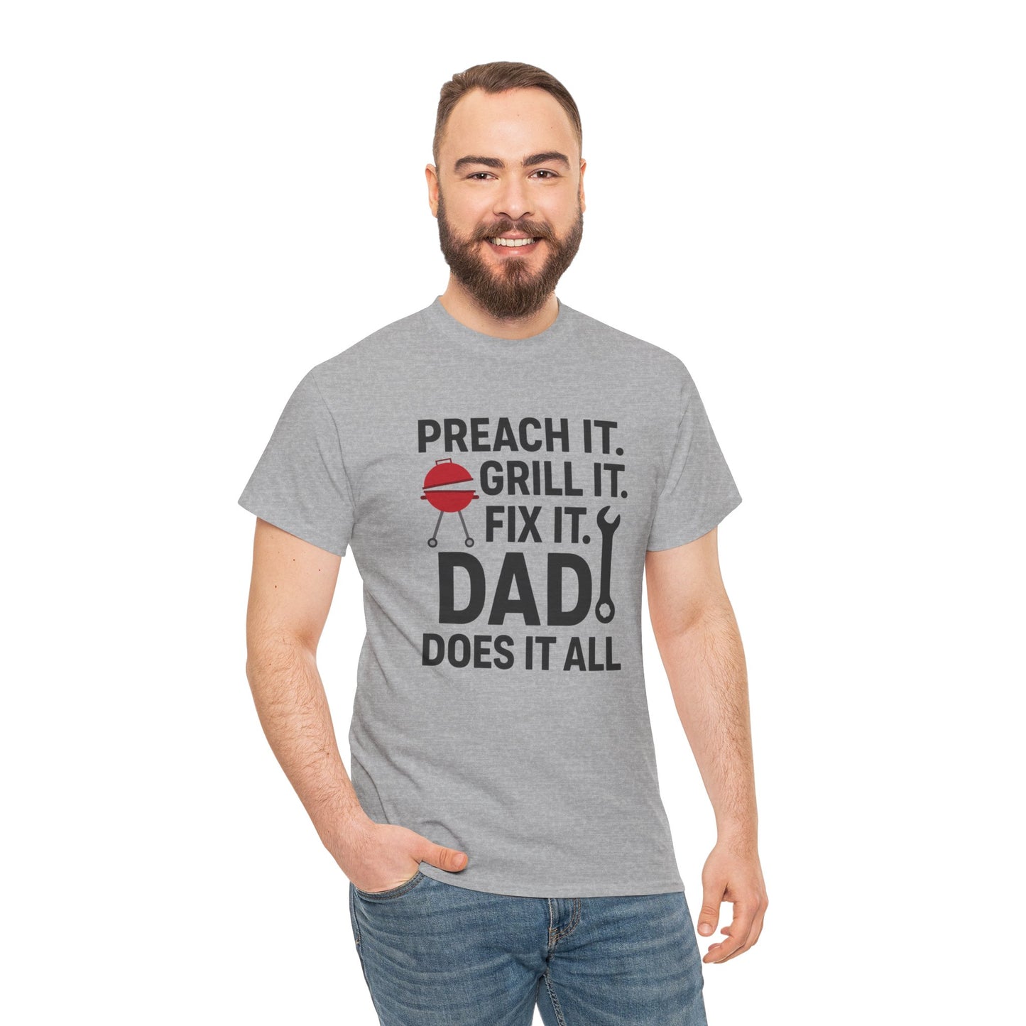 Funny Faith-Based Dad Shirt – ‘Dad Does It All’ Tee